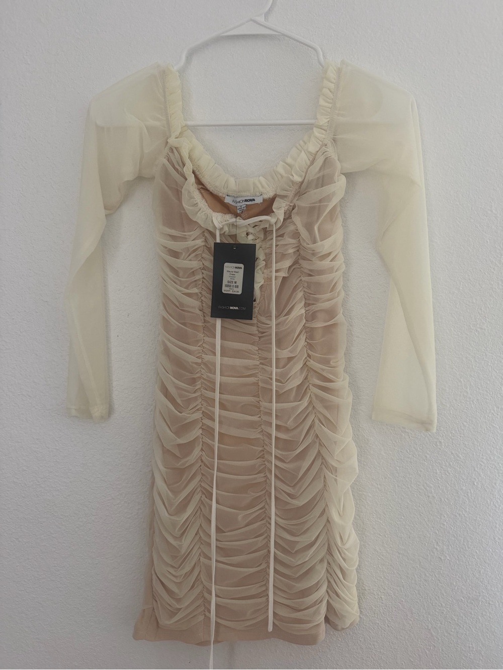 Fashion Nova Ivory Ruffle Ruched Long Sleeve Bodycon Dress